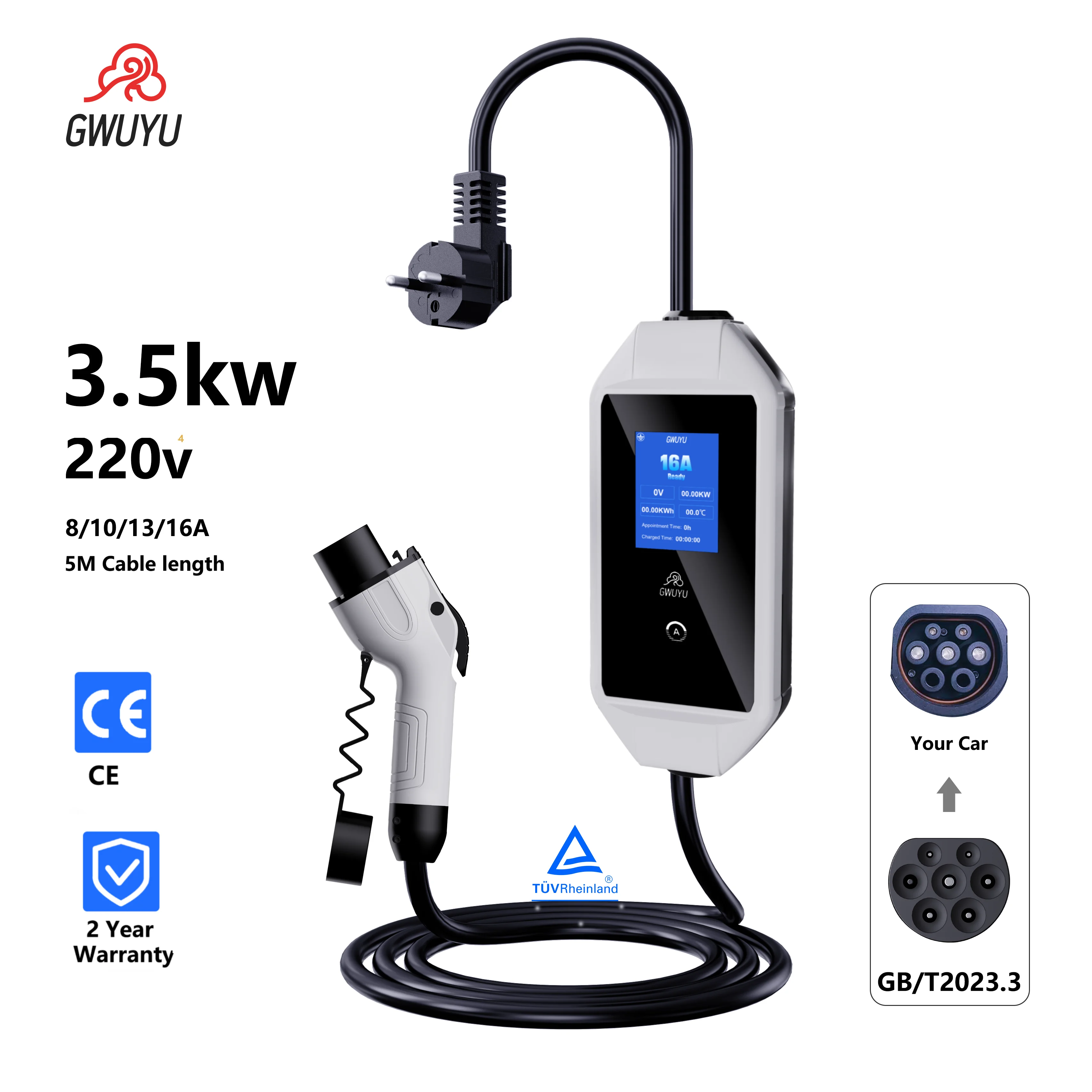 GWUYU GBT Portable EV Charger 3.5KW 16A EVSE with 2.8 Inch LED Display 5M Cable Indoor Outdoor Use Electric Car Charging Box