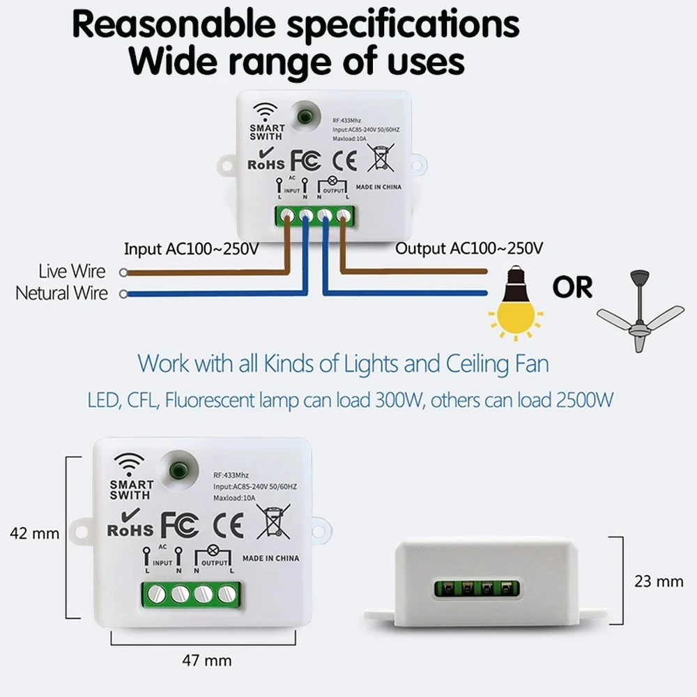 CR2032 Battery Supply 1/2/3gang Long-distance Remote Control Light Switch 10A Relay Led Lamp Wireless Switches