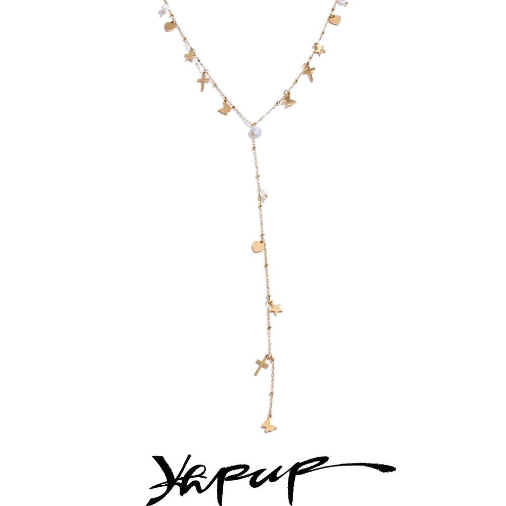 Yhpup 2025 Cross Butterfly Zircon Pearl Drop Long Chest Y Chain Necklace PVD Plated Stainless Steel Summer Fashion Jewelry