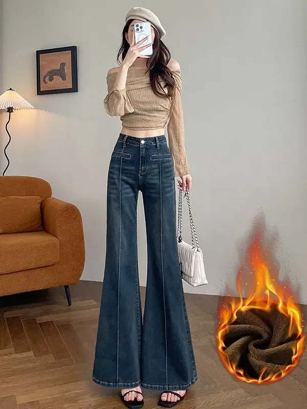 

Джинсы-клеш с высокой талией Ele: художественный дизайн, утолщенный деним, утягивающий эффект, на флисовой подкладке, 3D-крой, скрывающие недостатки фигуры