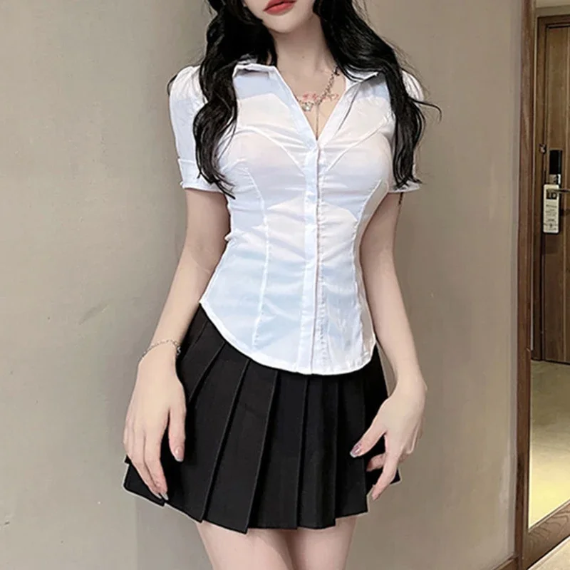 Korean Slim Fit Short Sleeve Cropped Blouse Ladies Solid Color Turndown Collar Shirt Woman Slim Fit  Single-breasted Top Women