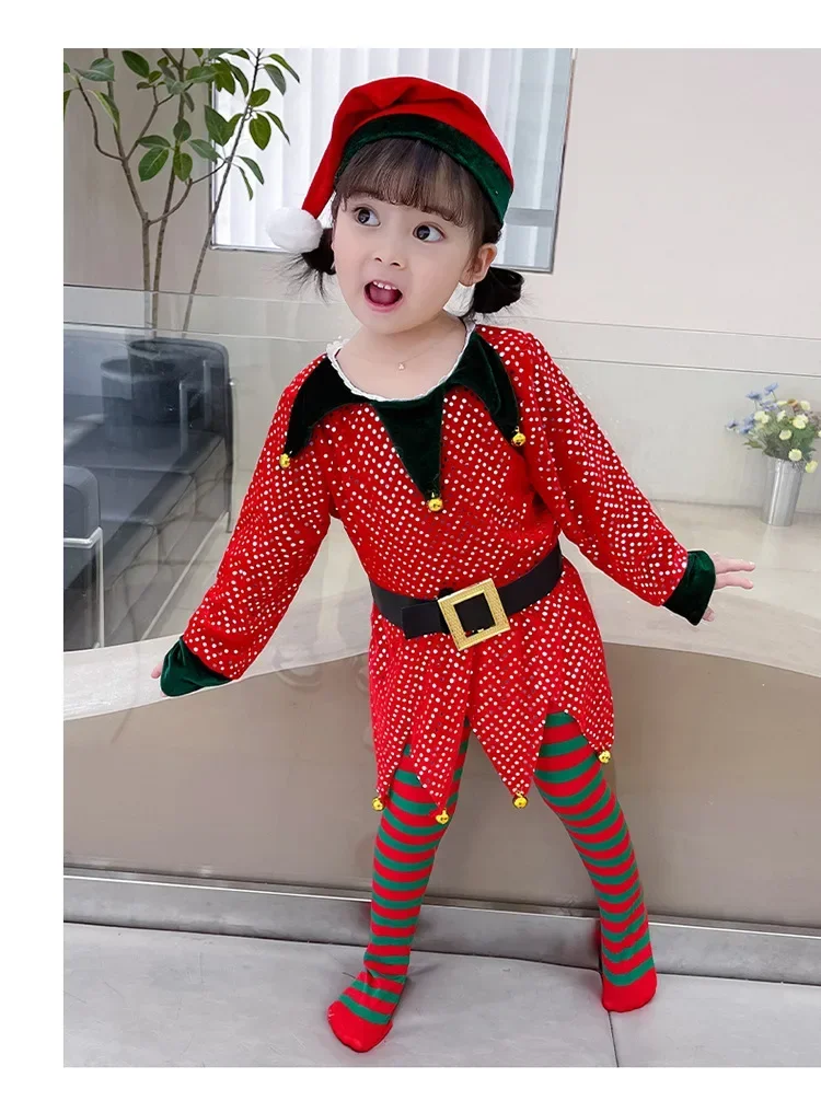 Disfraz de elfo de Año Nuevo para niña, conjunto de traje de Papá Noel verde con sombrero, vestido de fiesta de Navidad elegante, disfraces de actuación