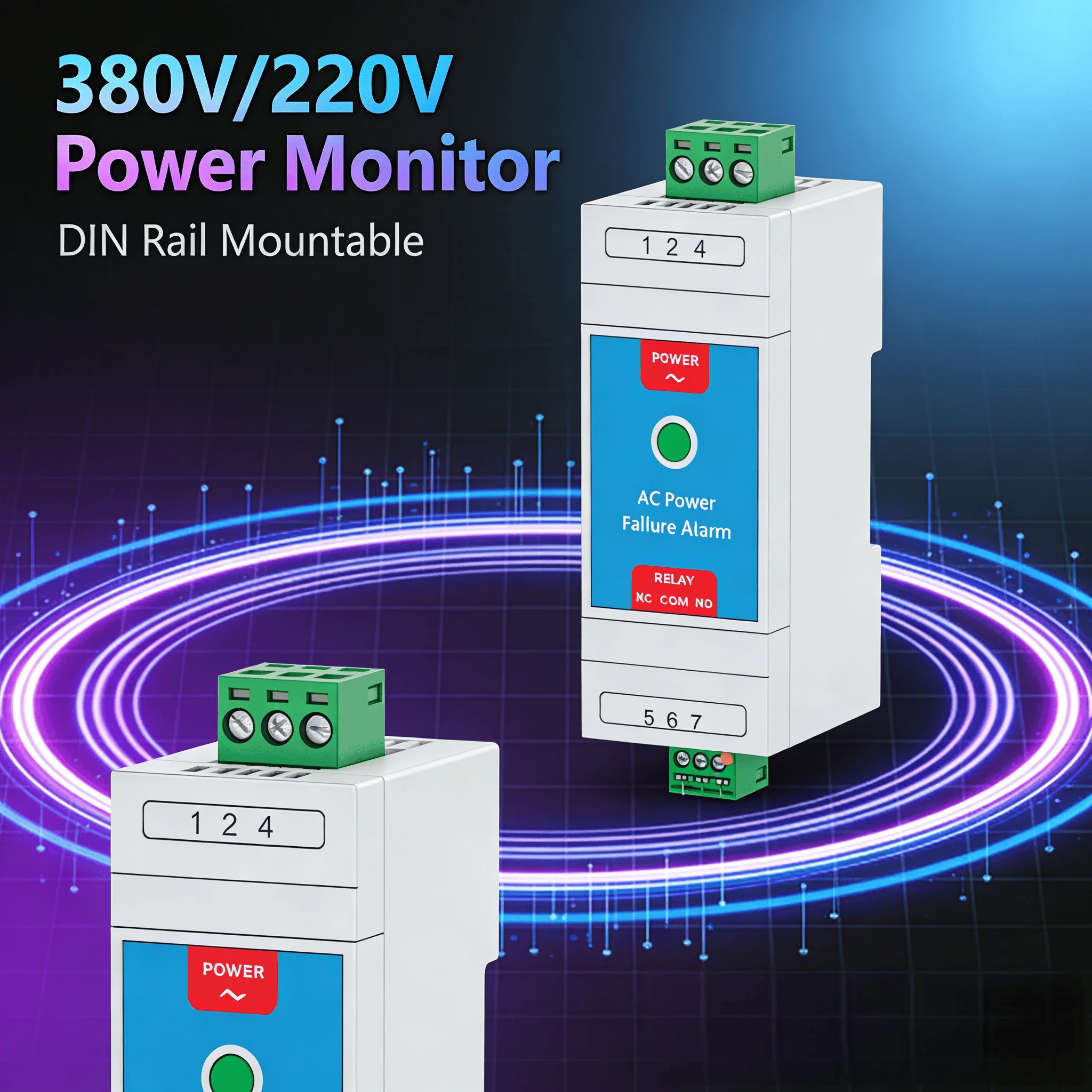 380V AC Power Failure Alarm with Instant NO/NC Relay, 3-Phase Loss Detection for Motor Protection