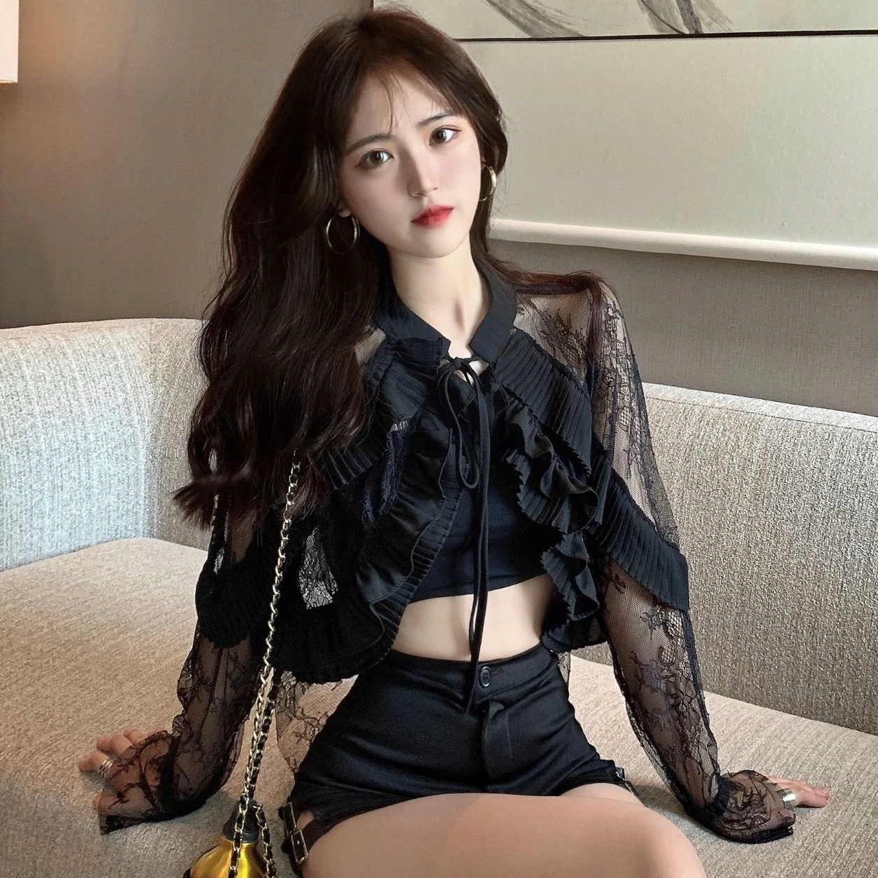 Shirts Women Sexy Lace Patchwork Ruffles All-match Crop Top Hotsweet Korean Fashion Clothes Designed Y2k Summer Gothic Elegant