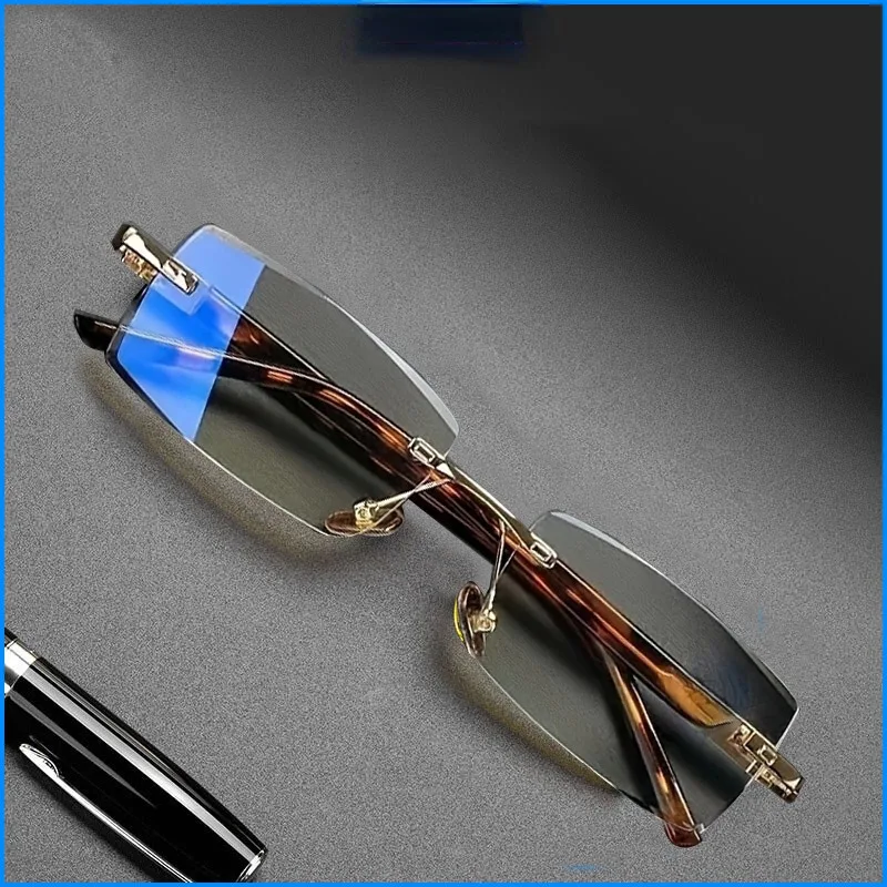 FG Men Blue Light Blocking Reading Glasses Dimond Cutting Rimless Eyeglasses Frame Anti Fatigue Hyperopia Presbyopic Eyewear