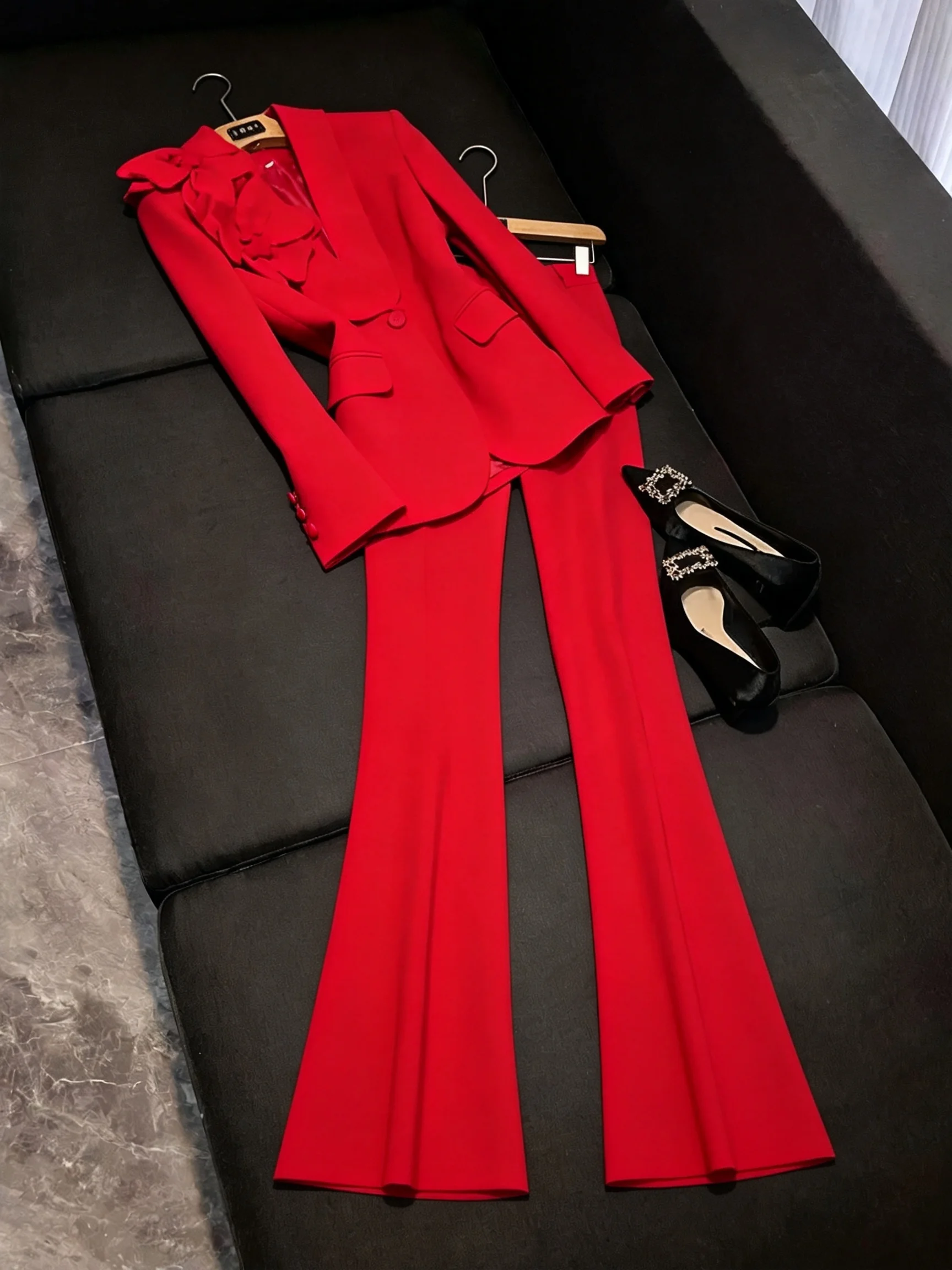 Red Slim Fit Suit Two Piece Set Women's High Waist Pants Outfit Spring  Knot Long Sleeve Button up Fashion Set