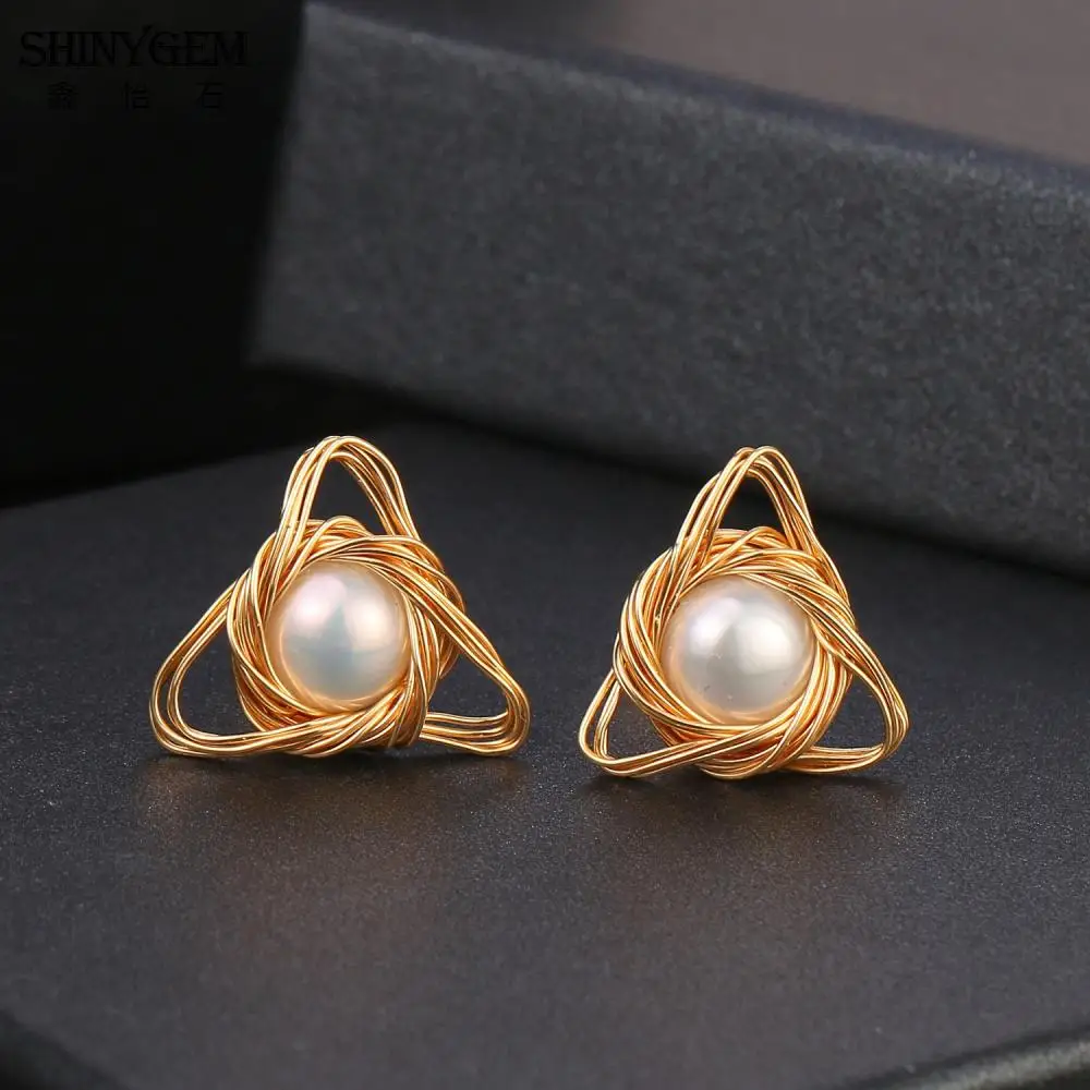 SHINYGEM Genuine Natural Feshwater Pearls for Women 14k Gold Plated Hand Wound Wire 925 Silver Ear Stud Jewelry Luxury 2026