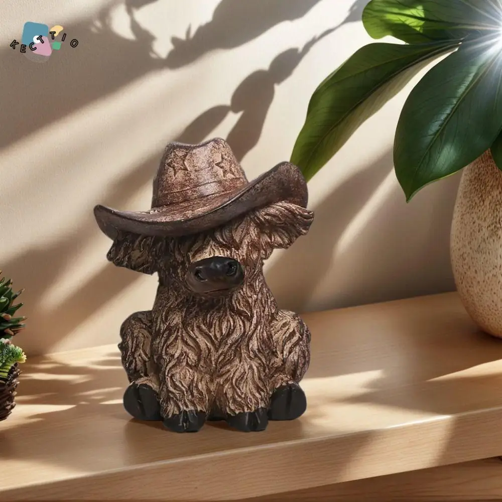 

With Cowboy Hat Highland Cow Figurine Realistic Rustic Highland Bull Statue Resin Crafts Animal Sculpture Home Living Room
