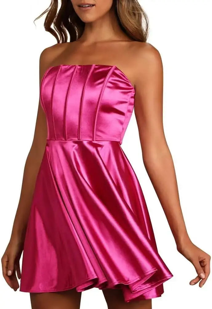 Customized Euramerican Popular Strapless Satin Homecoming Dresses Simple Tight Mini Cocktail Dress Solid Luxury Satin Soft Eveni