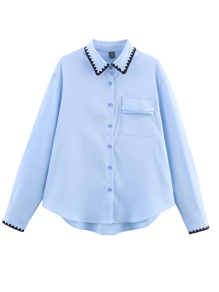 

European style new women's fashion versatile temperament simple shell craft blue shirt long sleeve shirt
