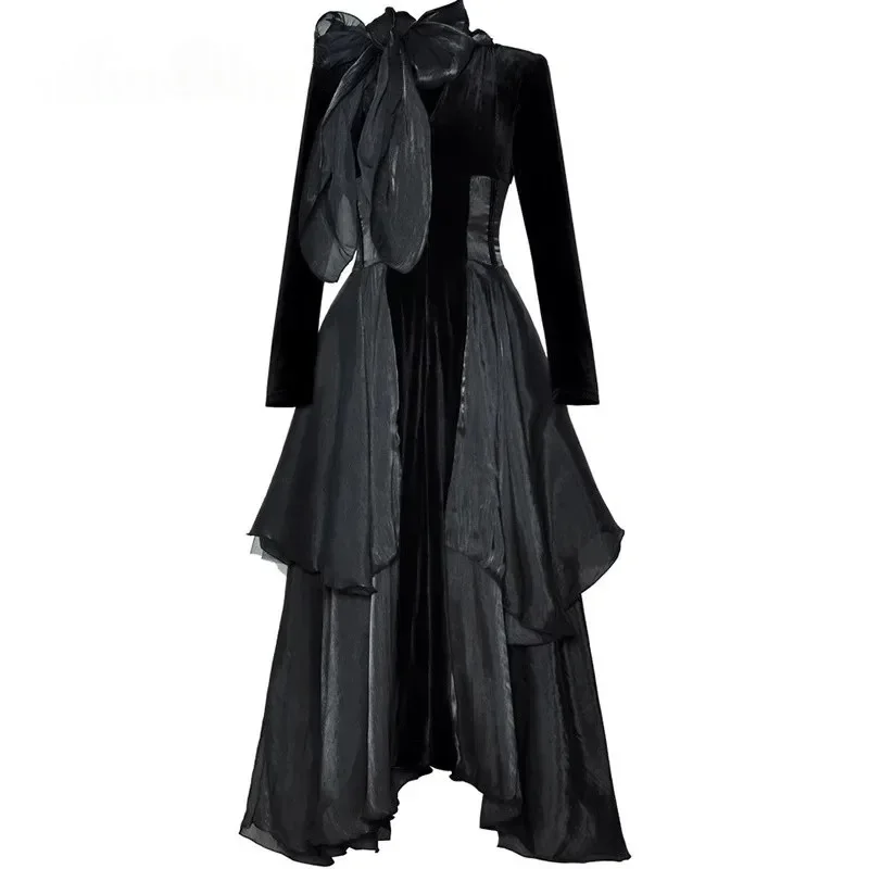 

Luxury Black Evening Gown Velvet Long Sleeve Bow Detail Asymmetrical Hem Dress Wedding Gown Formal Party Dress For Womenفسات