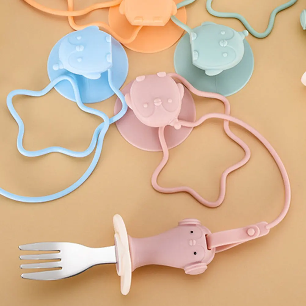 

1Set Baby Fork and Spoon Set Silicone Stainless Steel Suction Cup Anti Drop Chain Toddler Self Feeding Utensils Mess Free Dining
