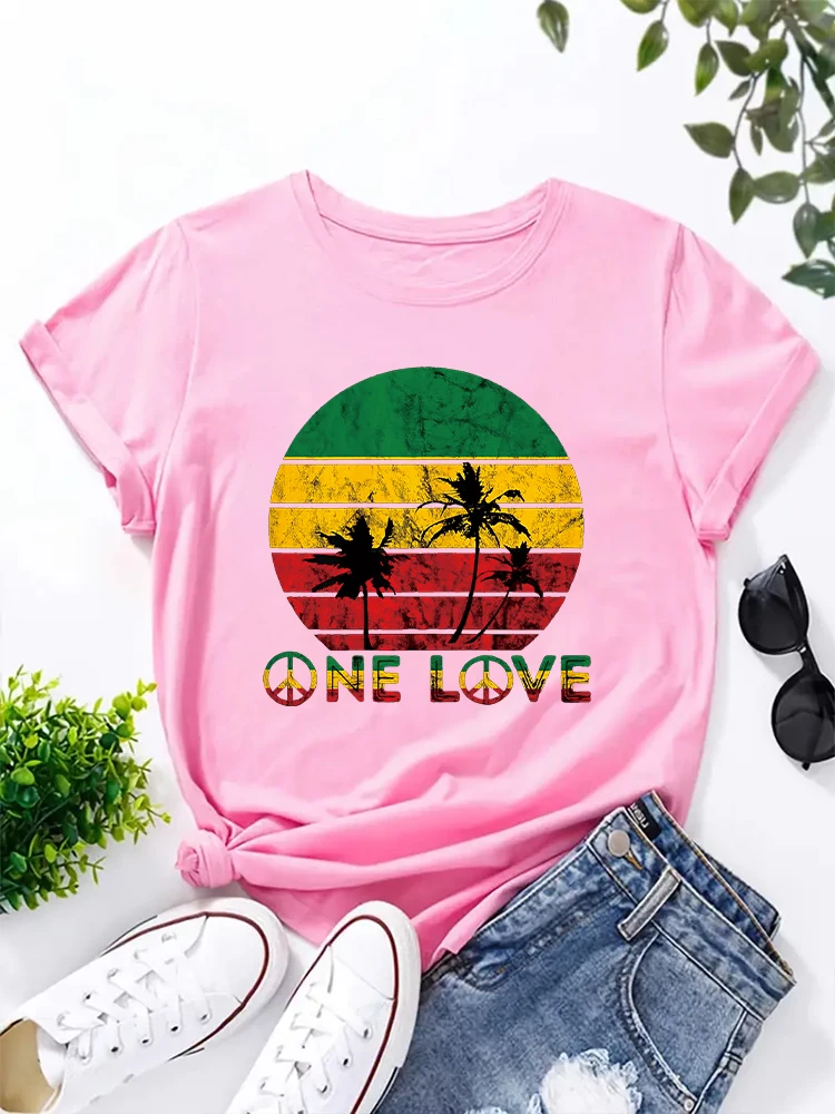 2024 New Rasta Reggae One Love Retro Vintage Sunset Jamaica Vacation T-shirt Women\'s Round Neck Short Sleeved Top