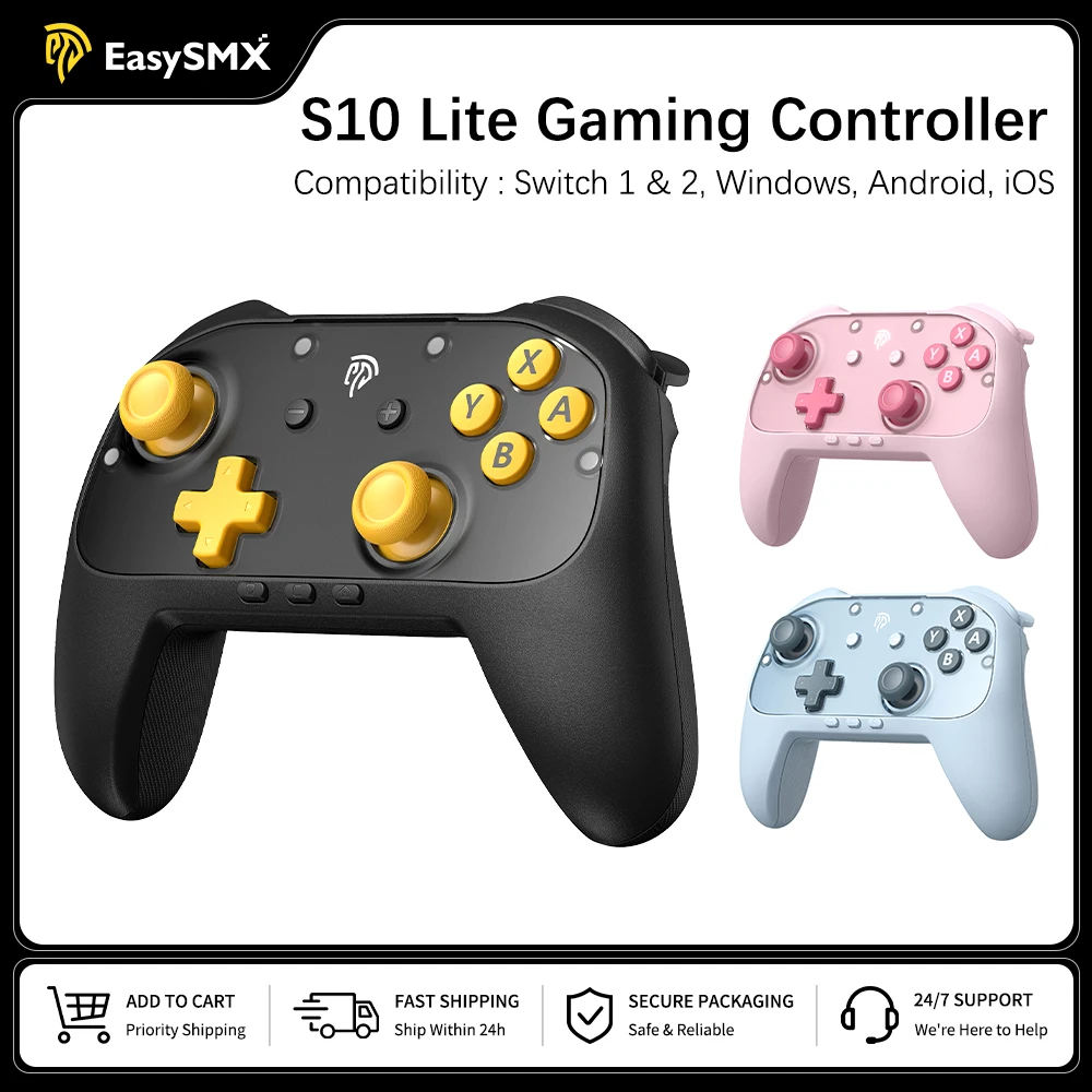 EasySMX S10C ワイヤレスゲームパッド Switch 1/2 PC Android iOS対応、ホール効果ジョイスティック、プログラム可能なボタン、9軸モーションコントロール
