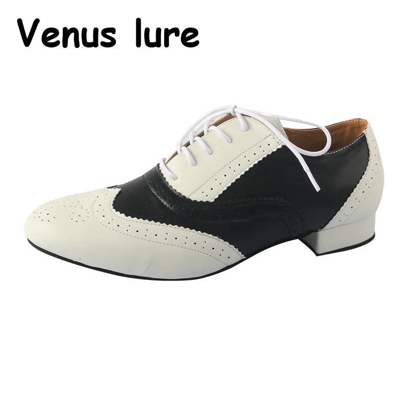 Venus Lure カスタマイズされた社交ダンスシューズ男性用黒と白のレザーヒールサイズ 47 ヒール 1 インチ