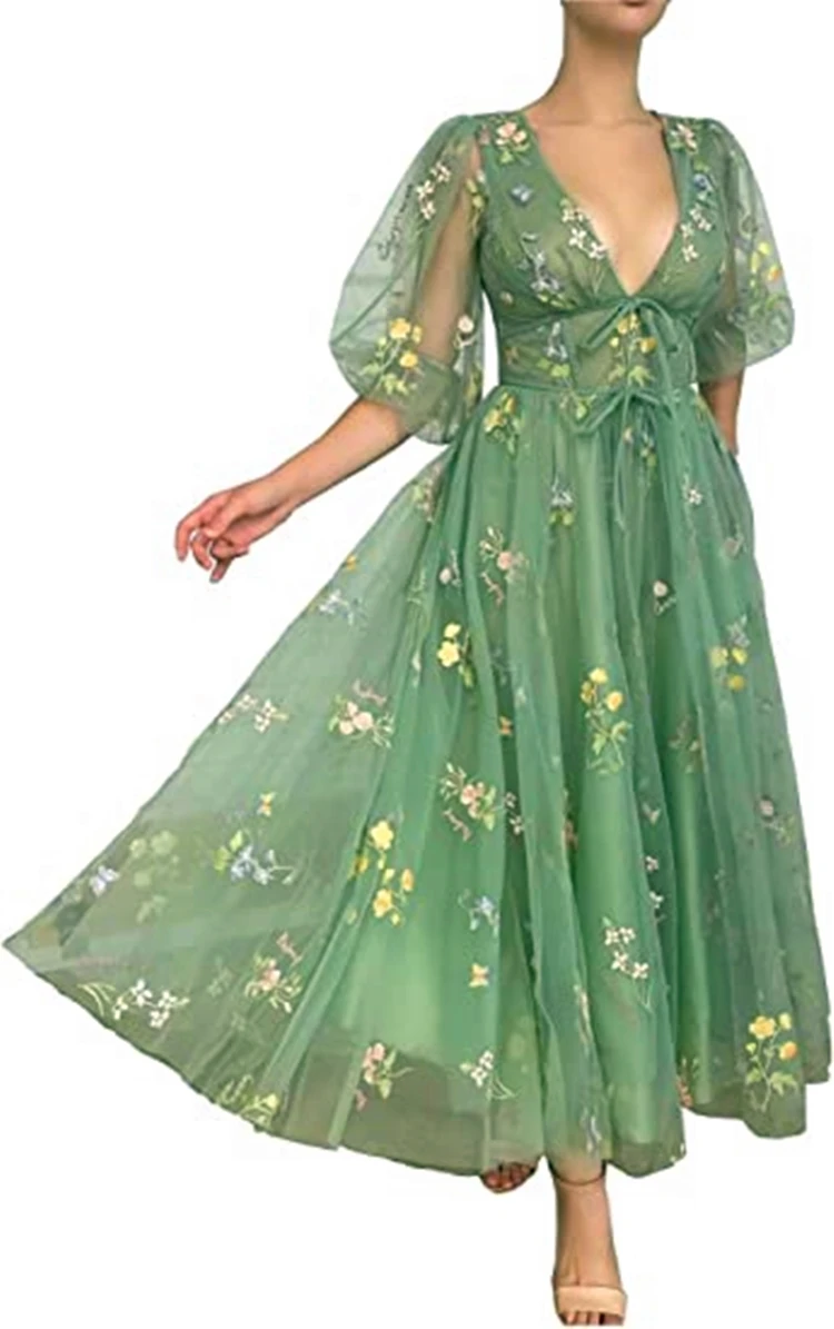 Green Embroidery Lace Prom Dresses Women Puff Sleeves A-Line Long Wedding Party Gowns Open Back Tulle Lace Up Evening Dress 2022