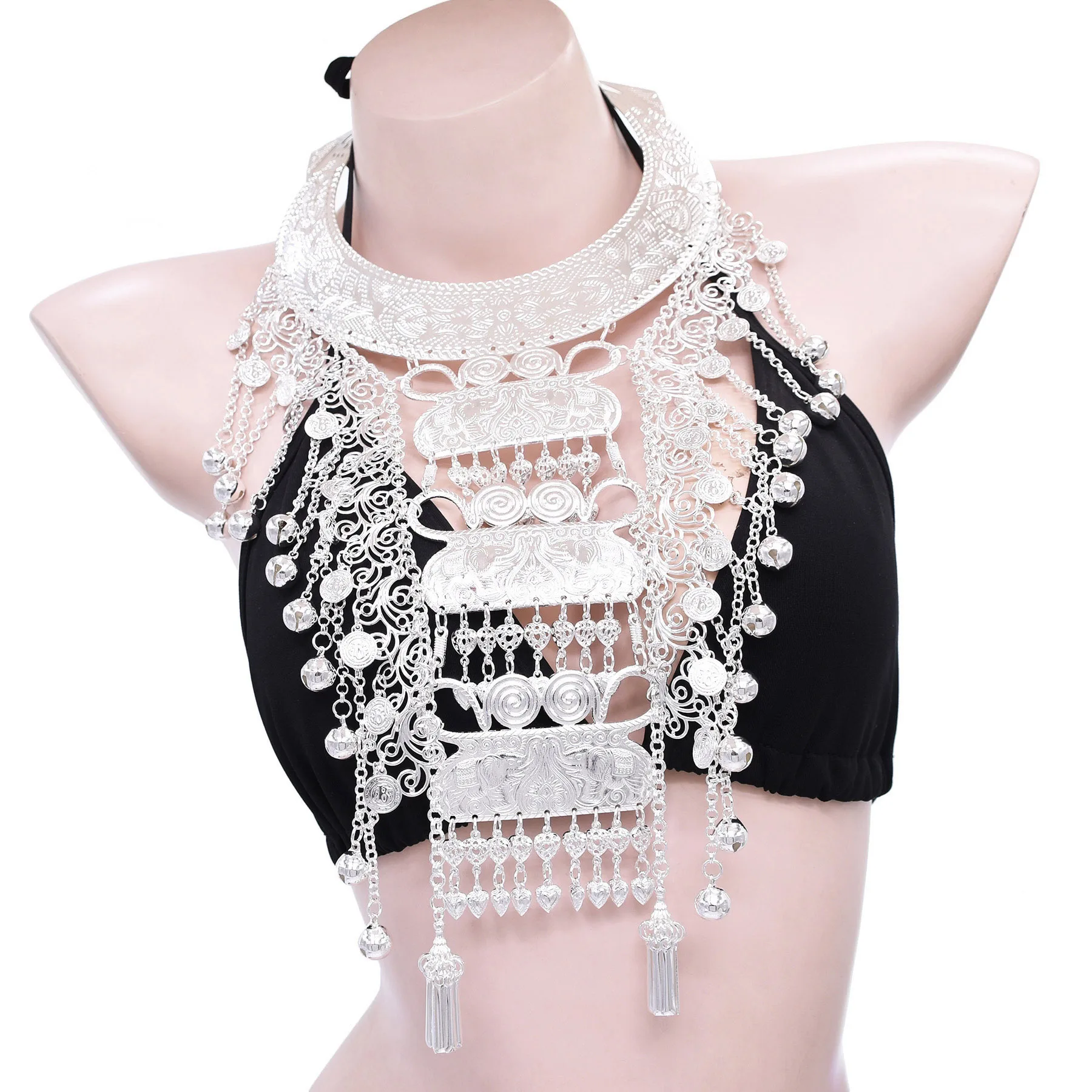 Traditional Miao Silver Plated Alloy Choker Necklace Vintage Chinese Bell Coin Ethnic Bride Wedding Party Jewelry Accessories