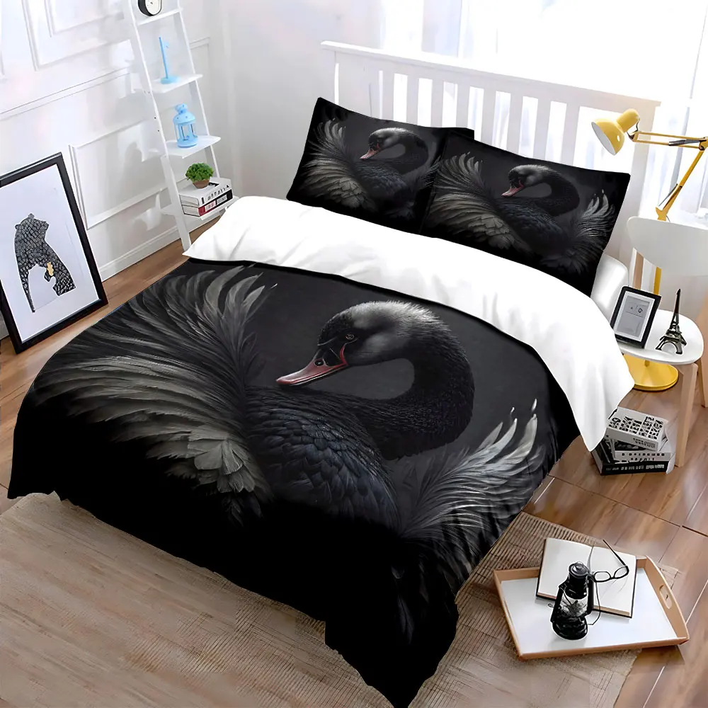 Elegant black swan with spread wings Print Bedding Set 1Duvet Cover 2 Pillowcases for Adult and Children Luxury Gift Full Size