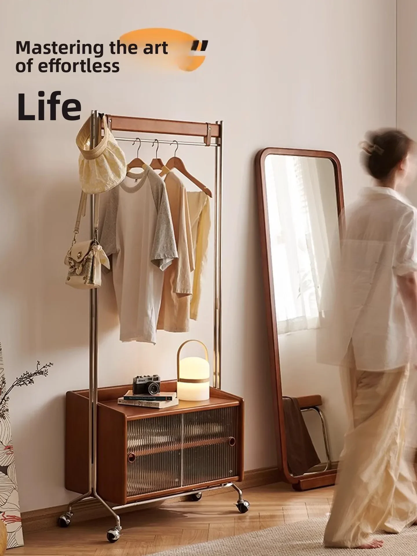 Medieval solid wood coat rack movable floor-to-ceiling bedroom corner entrance multi-functional storage rack hanger