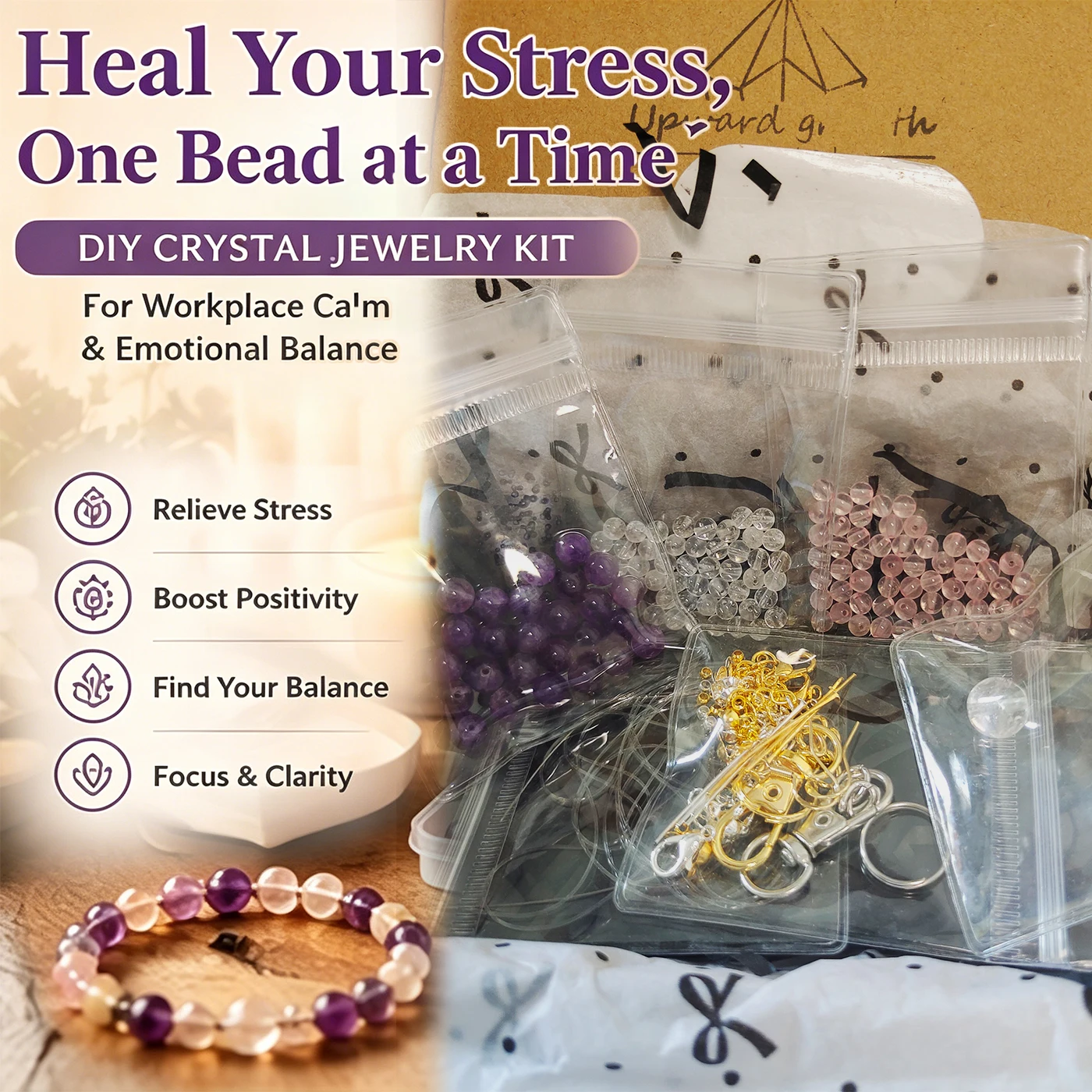 

DIY Healing Crystal Jewelry Kit Amethyst Rose Quartz Clear Quartz Calming Energy Bracelets Necklace for Workplace Stress Relief