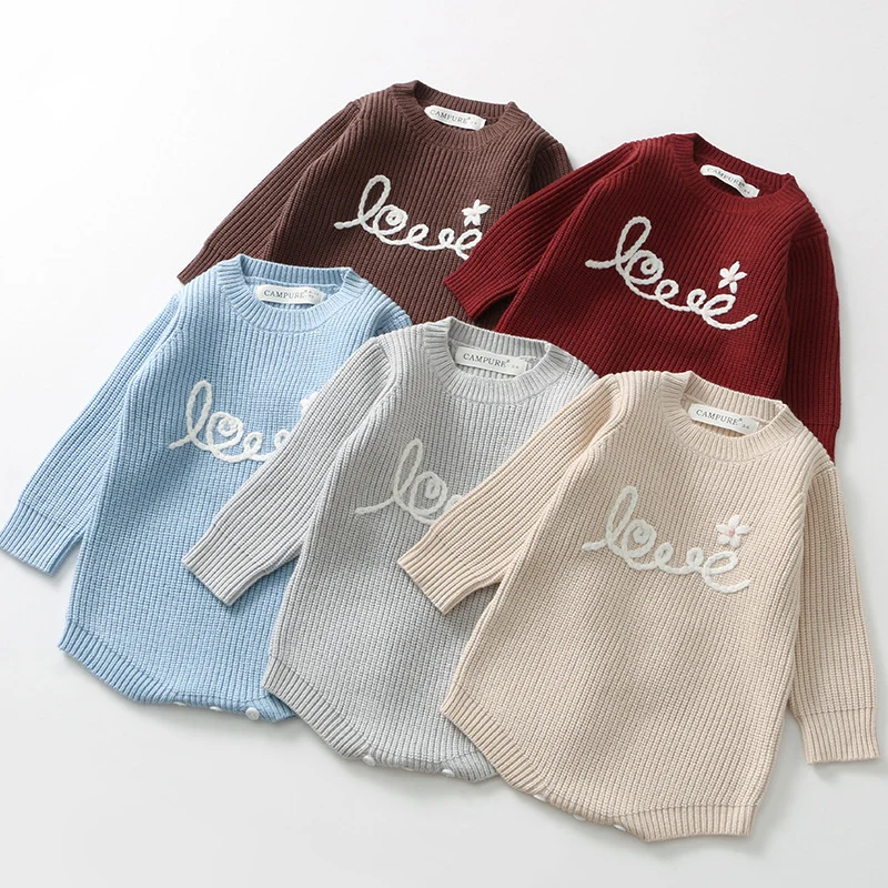ربيع جديد 2026 ملابس أطفال 0-24 متر رومبير محبوك للأطفال الأولاد والبنات بأكمام طويلة مطرزة بذلة محبوكة للأطفال