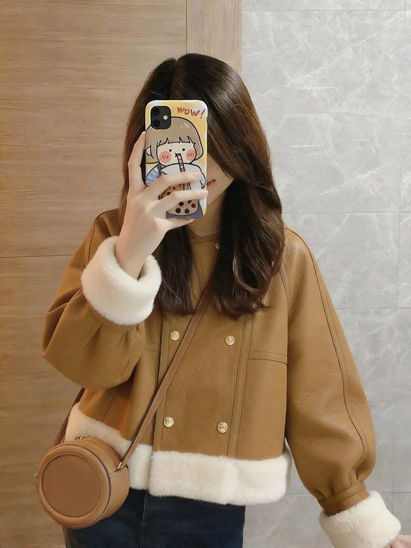 

Зимняя женская утепленная куртка из овечьей шерсти 2025 года в корейском стиле, для повседневной носки, из кожи и меха, в стиле ретро, с пэчворком