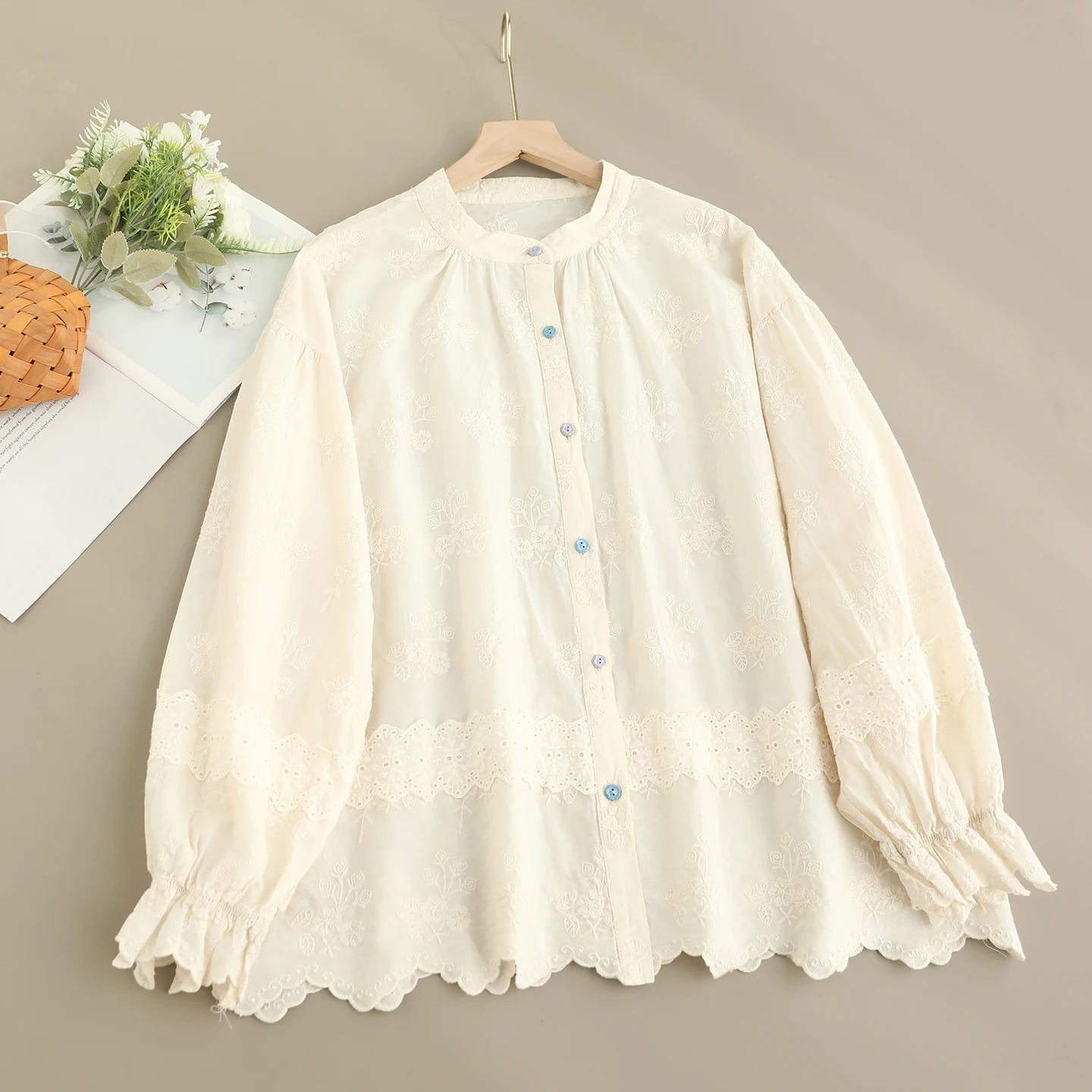 

Japanese Sweet Mori Girl Solid Color Embroidery Cotton Shirts Women Spring Autumn Stand Collar Long Sleeve Casual Loose Blouse
