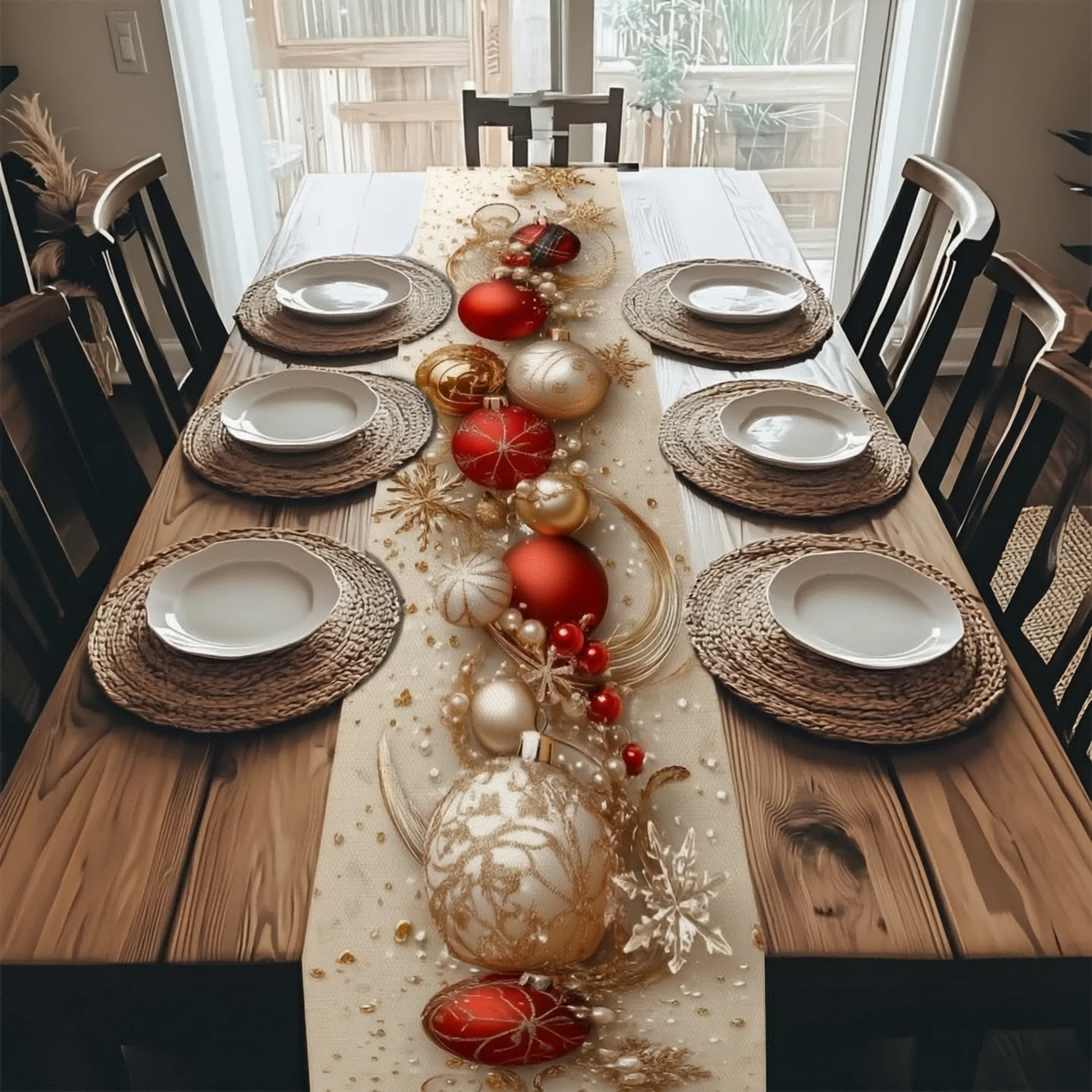 Christmas Table Runner, Red Golden Ornaments Snowflake Pattern, Festive Decor for Christmas Party Dining Table Home Decoration