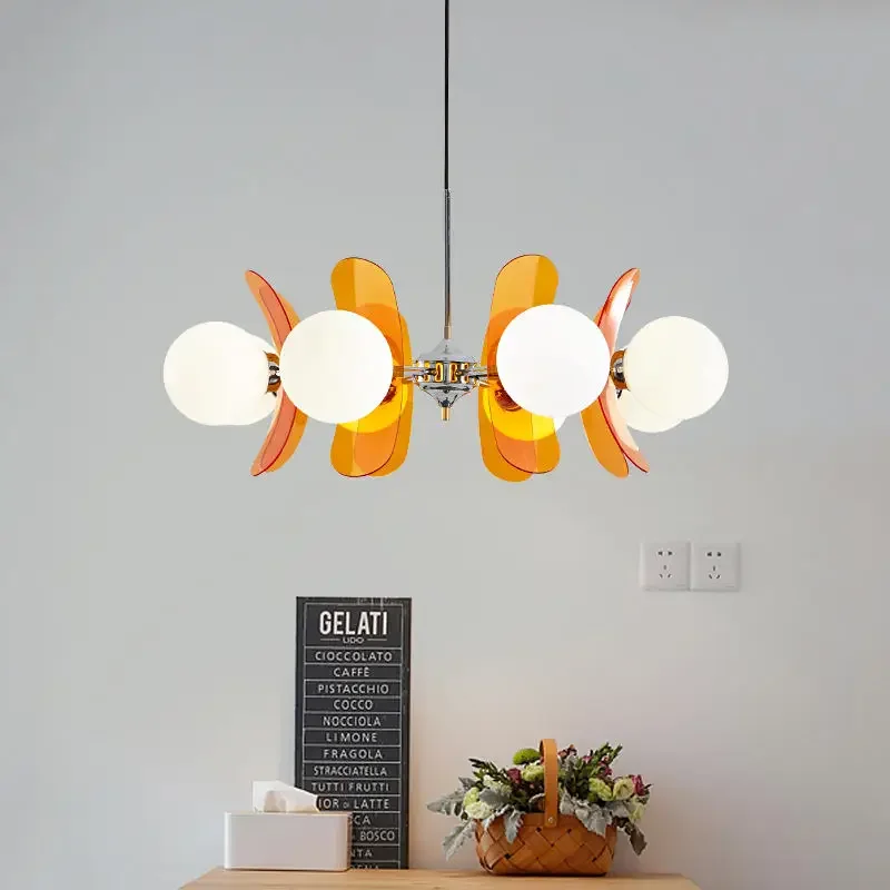 High-end Magic Bean Art Decoration Pendant Light Flowers E27 Glass Ball Lampshade, Restaurant Lighting Simple Dark Brown Orange