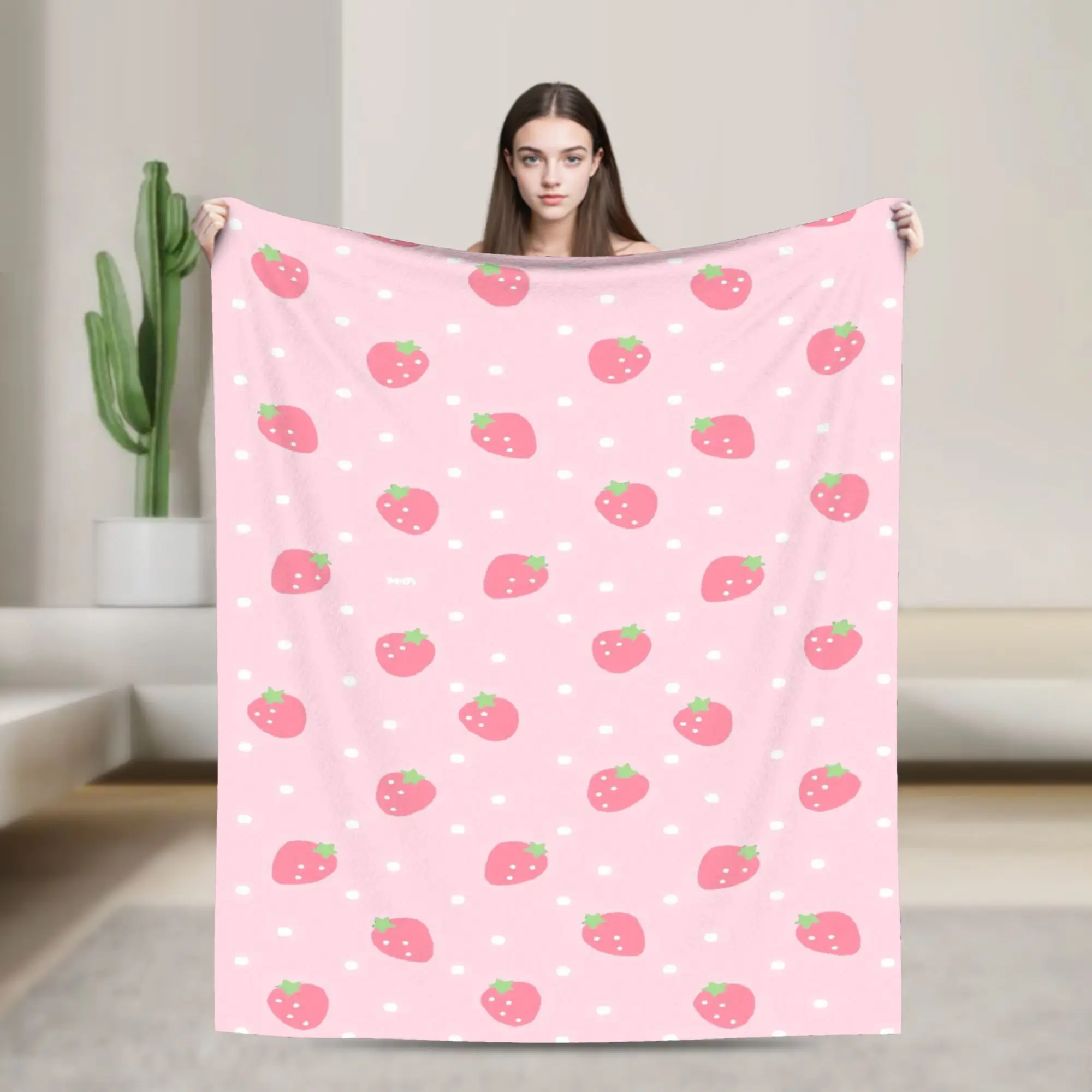 Pink Strawberry Polka Dot Blanket  Warm Soft Aesthetic Plush Throw Blanket For Bedroom Travel Flannel Bedspread Bed Cover