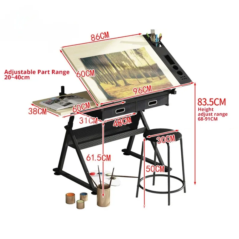 

2 Drawers Acrylic Adjustable Tilting Drawing Table Wooden Drafting Drawing Table Architecture Drawing Table With Stool