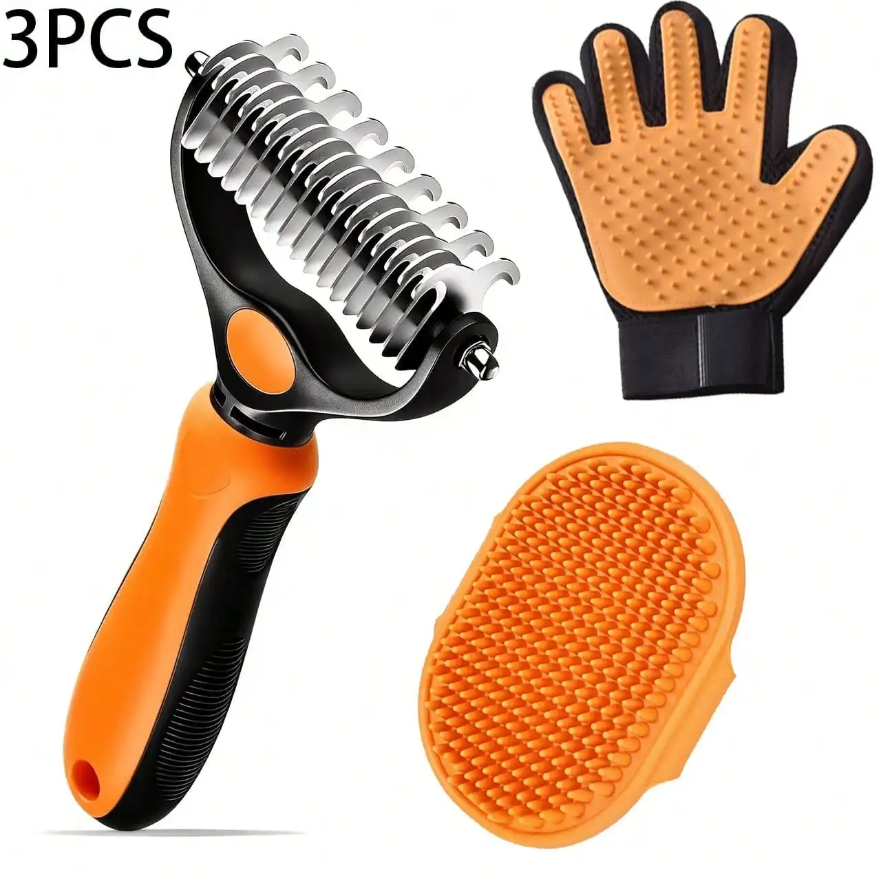 3 Pack Pet Grooming Kit For Cats & Dogs, Detangling Comb, Bath Brush And Deshedding Glove, Effective For Loose Fur Removal