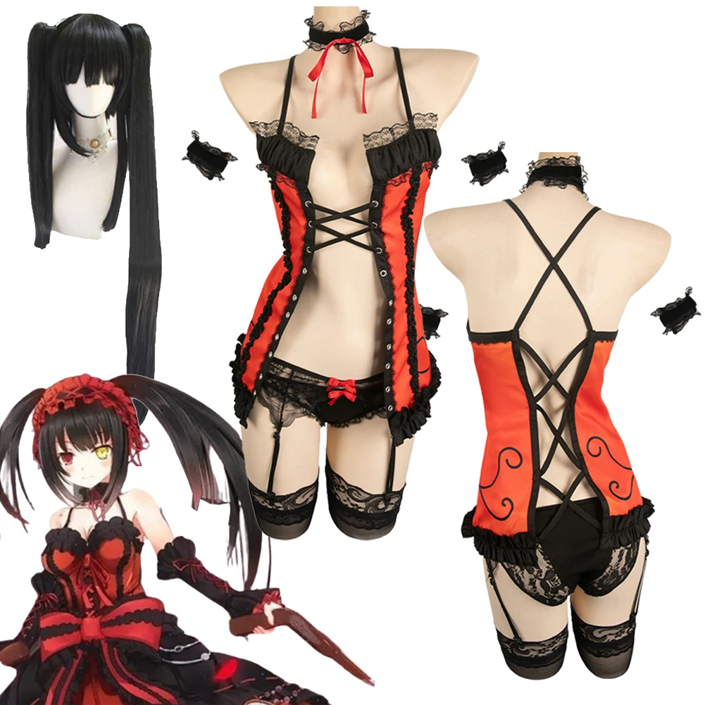 Anime DATE Fantasia  A LIVE Tokisaki Kurumi Cosplay Costume Wig Disguise ForWomen Adult Red Sexy Set Halloween Carnival Suit