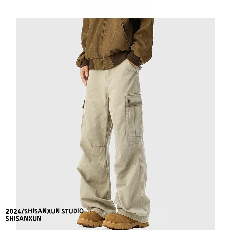 

Мужские рабочие брюки с талией в американском стиле ретро, свободные широкие брюки с несколькими карманами, повседневные брюки прямого кроя, молодежная весенняя мода