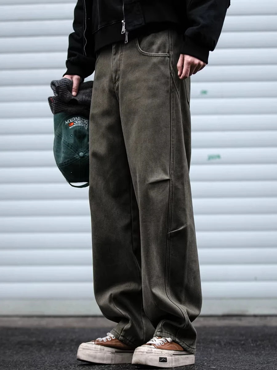 

Heavyweight Composite Fleece Work Trousers Men's Autumn Winter Washed Loose Thickened Casual Straight Leg Pants