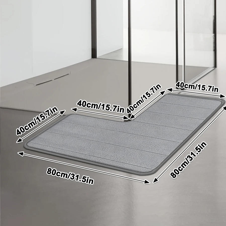 L-Shaped Bathroom Mat Striped Coral Memory Foam Floor Mat Water Absorption Quick-Drying Non-Slip Shower Toilet Bedroom Mat