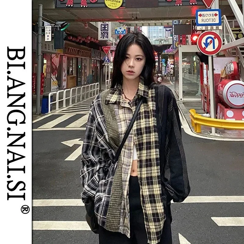 New American Vintage Patchwork Plaid Casual Shirt men Women Long Sleeve 2023 Spring Autumn Tide Brand Street Couple Shirt Coat