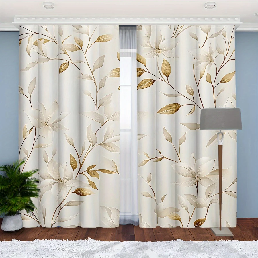2PCS Digital Print  Curtain, Golden Branches Jade Leaves, Aesthetic Room Decor  Curtain for Apartment Dorm Bedroom