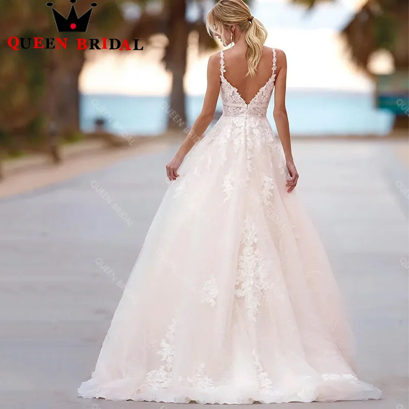 Vestido De novia elegante con tirantes finos y cuello en V, apliques De encaje, línea A, Espalda descubierta, sin mangas, personalizado, S34X