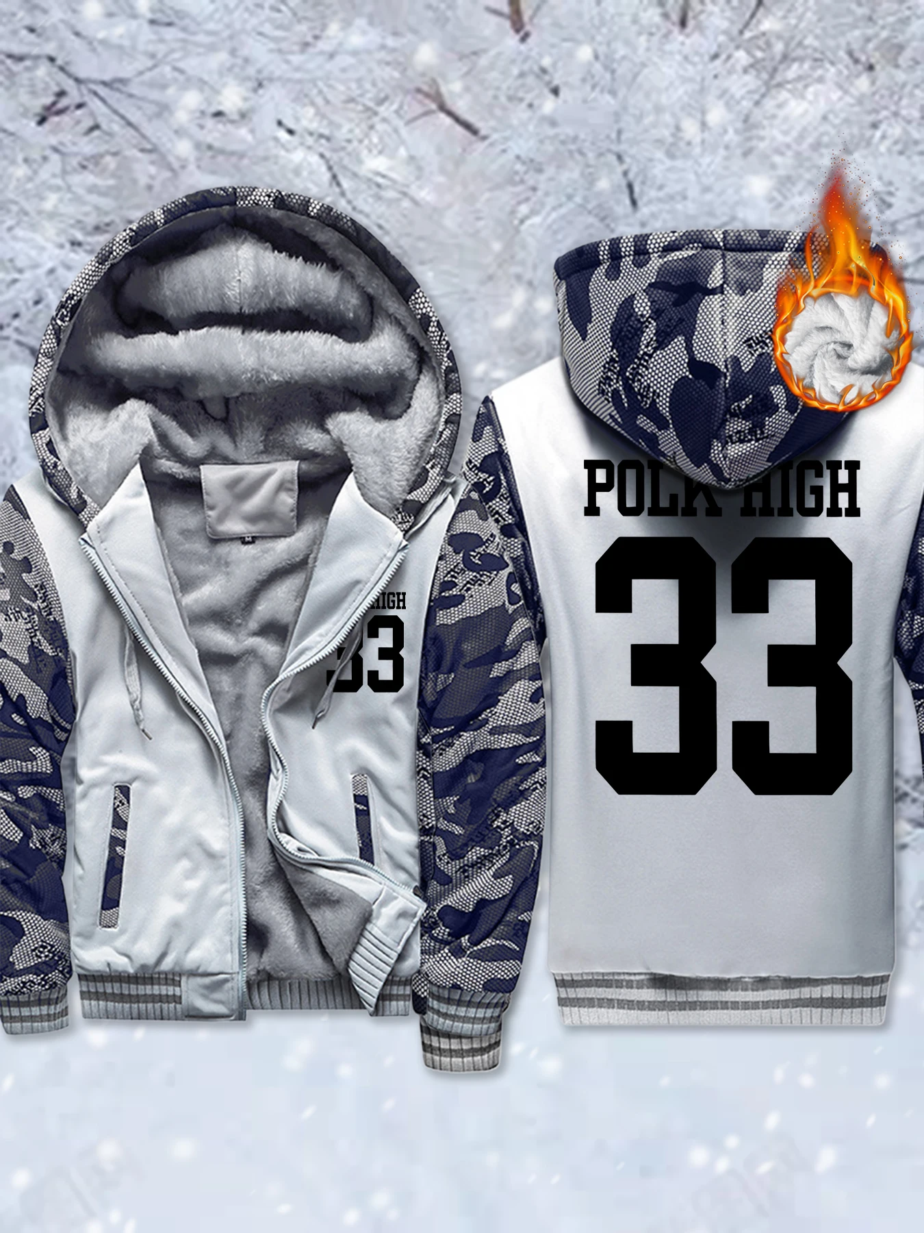 

Polk High Number 33 Printed Pocket Fleece Jackets Man'S Zip-Up Basics Sportswear Thicken Winter Coat Warm Comfy Outwear Unisex