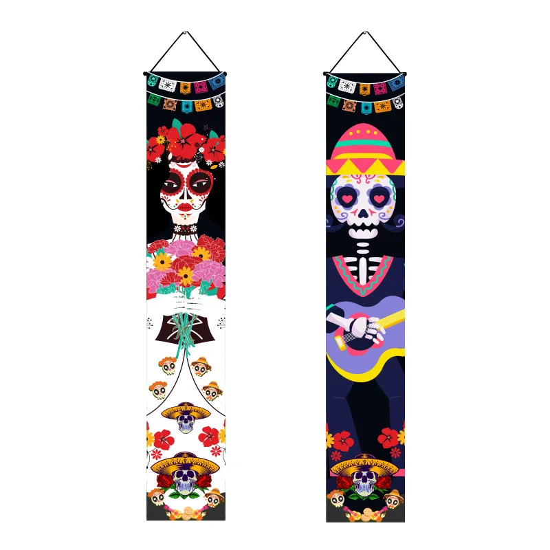 Halloween Decorations Outdoor Indoor Banners Front Porch Flag Signs Skeleton Hanging Flags Door Sign Couplets 30x180CM