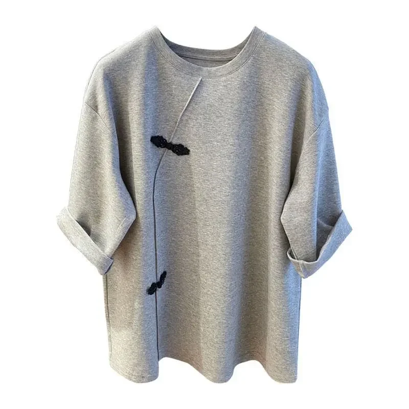 Spring Summer New Chinese Style Short Sleeves T-Shirt Women 2026 New Fashion Loose Tops Leisure Pure Colour Round Collar Female