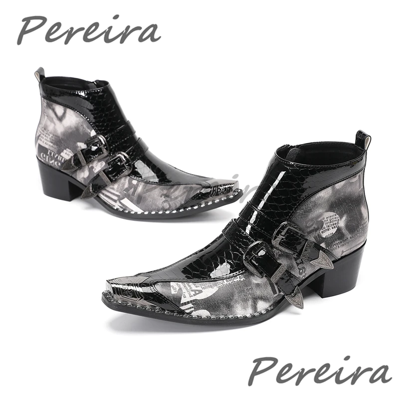 Men's Patchwork Belt Buckle Zipper Short Boots Genuine Leather Metal Pointy Toe Chelsea Boots British Style Party Banquet Shoes