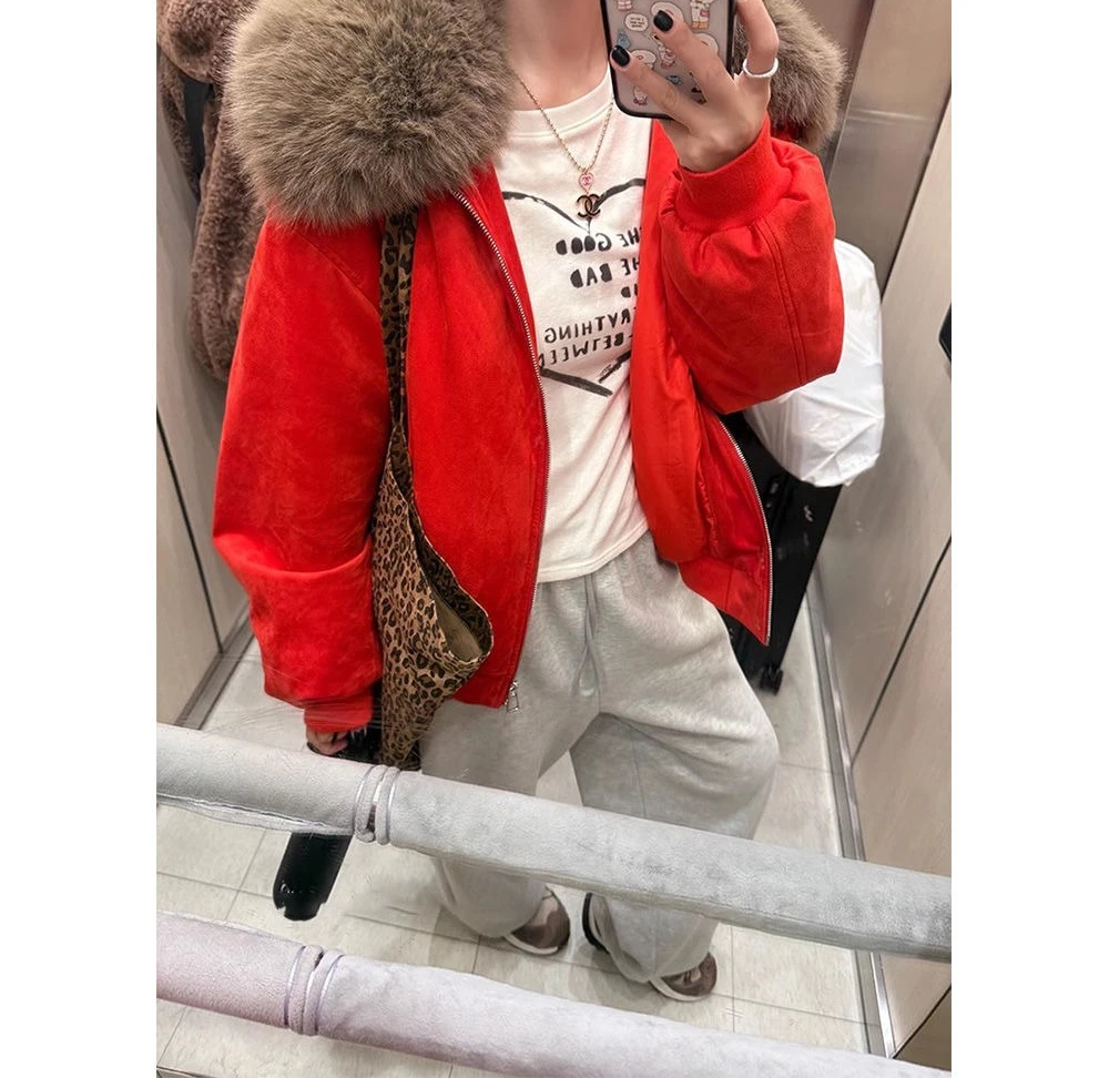 Fashionable Loose Casual Red Big Fur Collar Cotton Jacket for Women's Winter New Jacket Jacket 2025