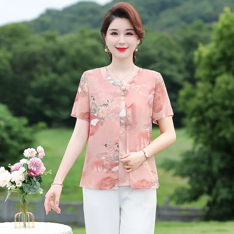 Camisa de gasa de manga corta de verano para mamá, camiseta de moda, Top ajustado de moda