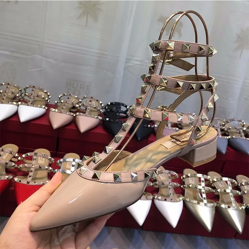 2024 New Summer Sandals Pointed Low Heeled Shoes Fashion Thick Heels Rivet Strap Color Matching Sandals For Women