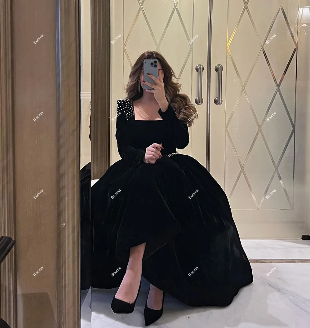 Booma Black Velvet Evening Dresses Dubai Arabic Formal Party Dress Sauqre Neck Beaded Long Sleeves Women Prom Gowns فستان مخمل