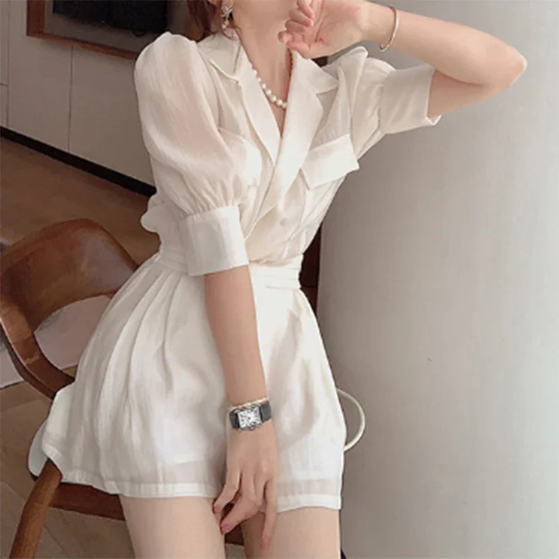 Summer 2024 New Elegant Fashion Solid Puff Sleeve Pockets Chiffon Casual Suit Shorts Two Piece Set Office Lady Vocation Clothing