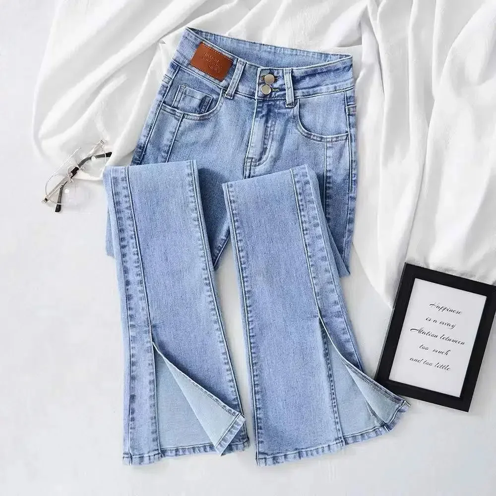 Korean Vintage Split Skinny Flare Jeans Women High Waist Stretch Casual Boot Cut Denim Pants Solid Streetwear Slim Vaqueros New