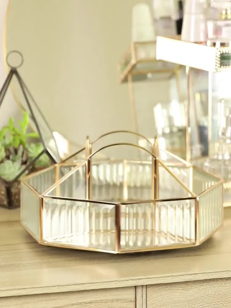 Hot sale gold and glass beauty makeup organization storage box organizer makeup box